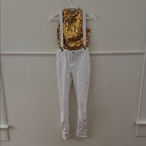 Balera Gold Sequin Dance Top and Urban Groove white pants with suspenders